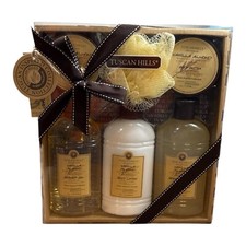 TUSCAN HILLS Vanilla Almond 6-Piece Bath  Body Gift Set With Body Scrubber-NEW 