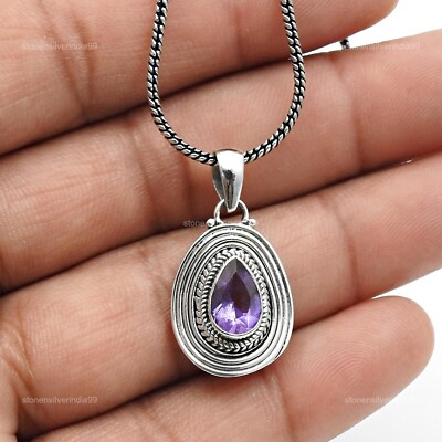 925 Sterling Silver Crown Chakra Amethyst Gemstone Bezel Wedding Pendant Jewelry