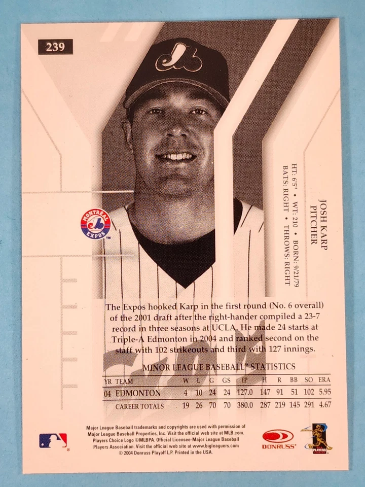 2004 Donruss Elite Extra Edition AUTO Josh Karp Montreal Expos #239 40/50 ⚾ - Image 2 of 4