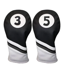 Majek Golf Headcover Black & White Leather Style 3 & 5 Fairway Wood Head Covers
