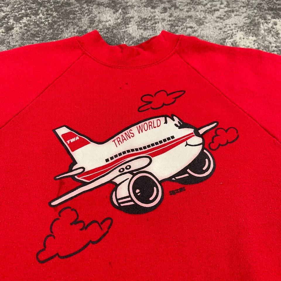 VTG TWA Airlines Sweatshirt Mens Large L Red Cartoon Graphic Raglan 90s USA Made - Image 2 of 4