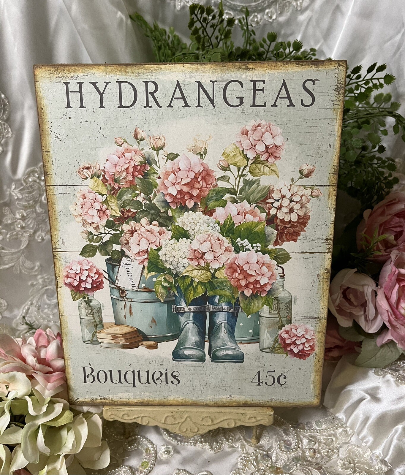 Pink Hydrangeas, Cottage,  Rainboots, Shabby Chic HANDCRAFTED Plaque / Sign