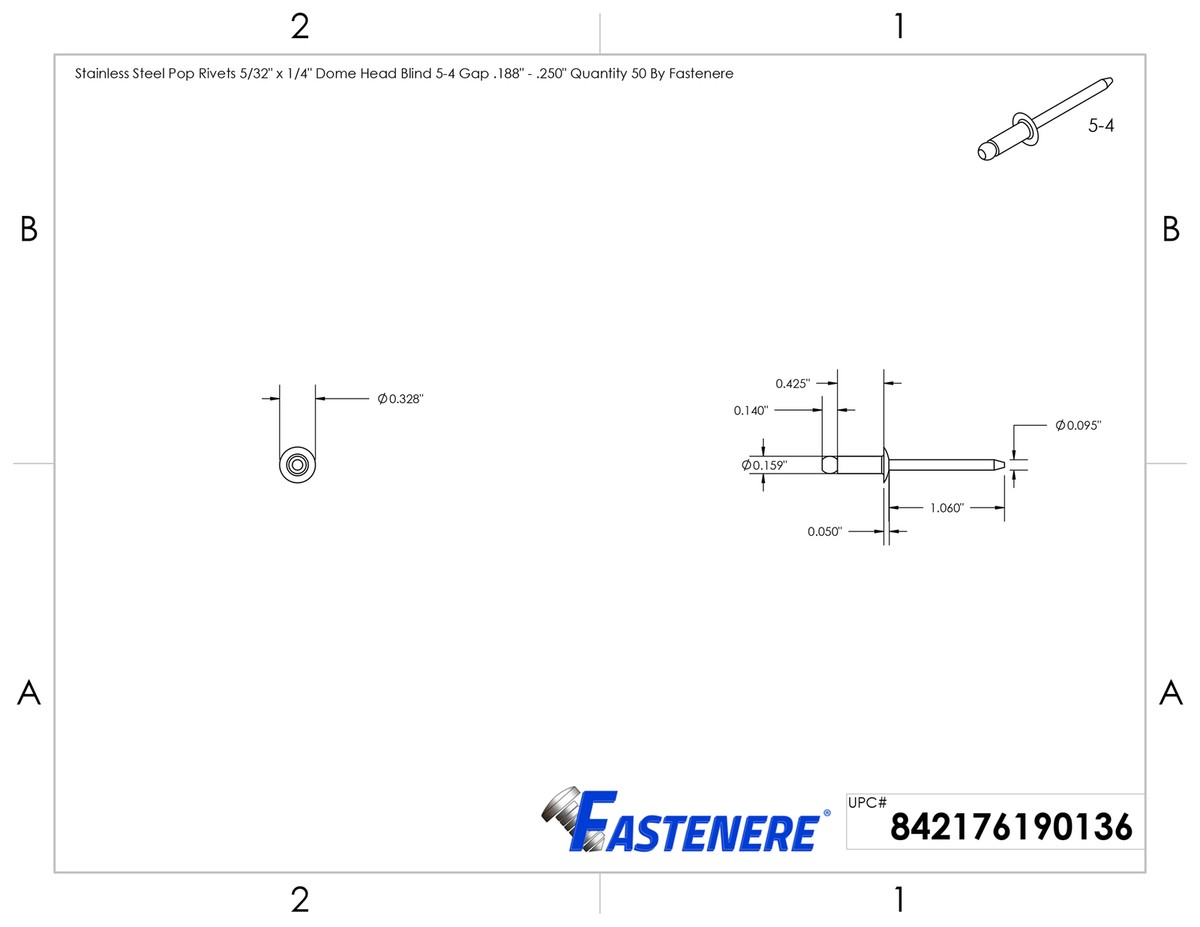 50-Pack Stainless Steel Pop Rivets 5/32" X 1/4" - Dome Head Blind Rivets (Fastenere Brand)