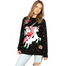 NEW Tipsy Elves Medium Unicorn SANTA Black Ugly Christmas SWEATER Holiday Party