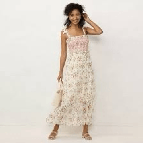 LC Lauren Conrad Size L Tiered Prairie Dress Cream Floral Country Cottagecore