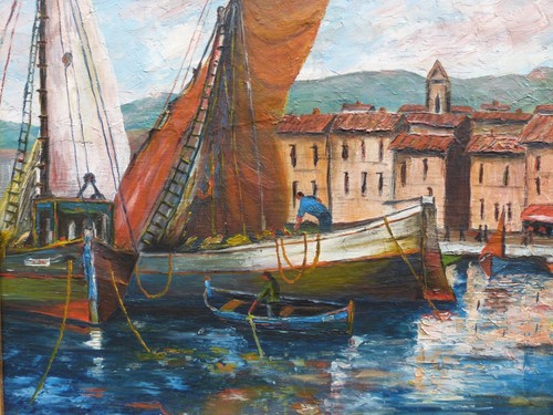 J. LAVAISSIERE Marine, Port en Méditerranée Tableau Huile sur toile signé - Picture 5 of 9