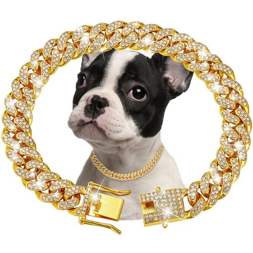 Gold Dog Chain Collar Diamond Cuban Link Dog Collar 13mm Wide Dog Necklace Me...