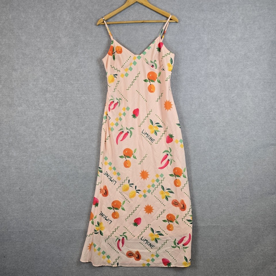 By Frankie Size L Pink Fruit Print Slip Maxi Dress Limone Mediterranean Summer