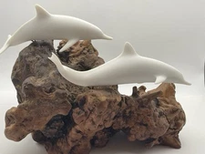 Authentic John Perry: A Pair of Dolphins on Burl Wood Sculpture Marine Wildlife