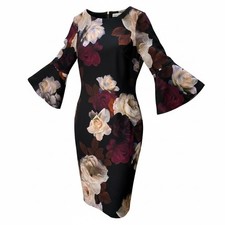Calvin Klein Sheath Dress Womens 6 Black Floral Bell Sleeve Romantic Dress