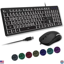 X9 Illuminated Wired Keyboard & Mouse Set - Large Print Backlit, 7 LED Colors