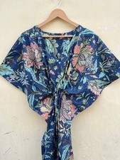 Indian Blue Butterfly Handmade Cotton Kaftan Maxi Dress Women's Clothing Gown US
