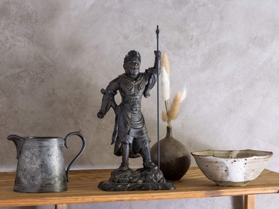 Japanese Bronze Bishamonten Sculpture 28.5cm (11.2 in) Doro-Ashi