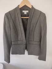 H&M Grey Cropped Blazer Jacket Black Trim Piping Collarless EUR 36 UK 8/10 Smart