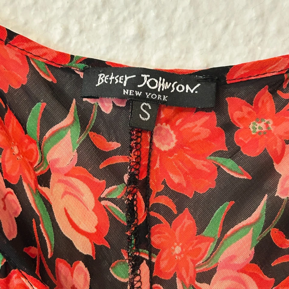 Vtg Betsey Johnson New York Womens S Sheer Milkmaid Dress Y2K Black Red Floral - Image 2 of 4