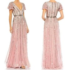 Mac Duggal 5444 Rose Pink Sequin Embellished V Neck Flutter Sleeve Gown Size 8