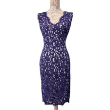 Tadashi Shoji Size 6 Purple Lace Overlay Over White Cocktail Dress V Neck Back