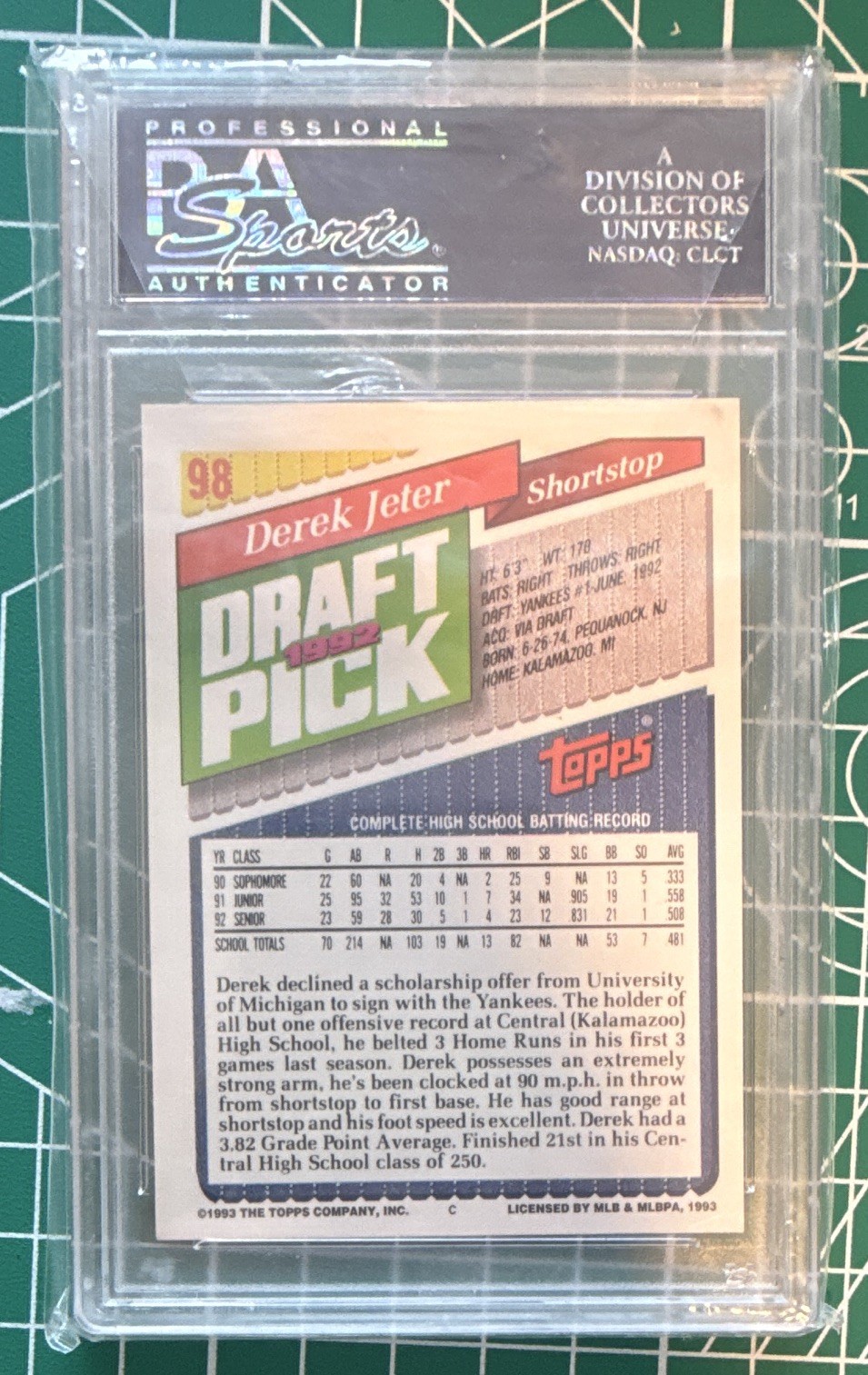 Topps 1993 Derek Jeter Yankees #98 Draft Pick PSA 9 Graded Baseball Card view 2