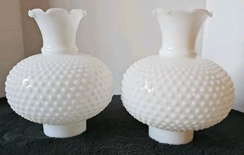 Vtg Hobnail Milk Glass Ruffled Edge Hurricane Shade 8.5"H X 7.5"W X 3" Fitting