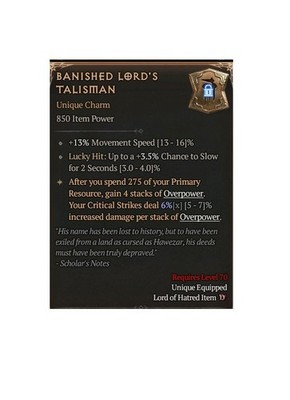 Diablo 4 Season 14 Banished Lord's Talisman Unique Charm 6% Item Gear Equipment