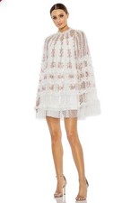 Mac Duggal # 8031 High Neck Cocktail Dress White Floral Mesh Bell Sleeve 10 $498