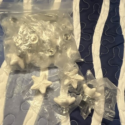 16Pack Nautical Starfish Cabinet Knobs White Silver Polished Metal w/Screws