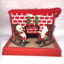 Vtg Handmade Needlepoint Plastic Canvas Decoration Santa Mrs Clause Fireplace