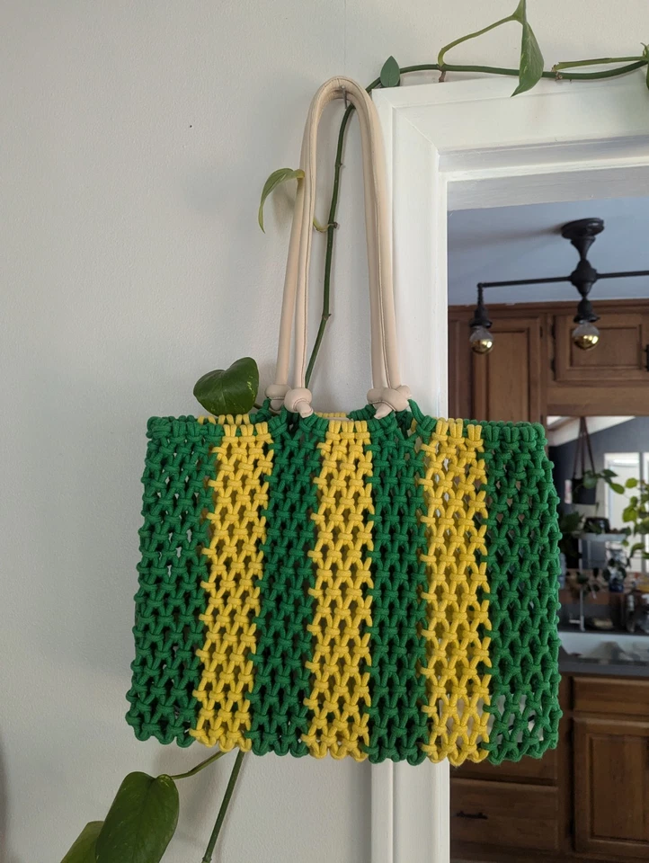 Clare V Sandy Market 托特包棉质绳子皮革手柄-黄色绿色条纹 — 第 2/4 张图片