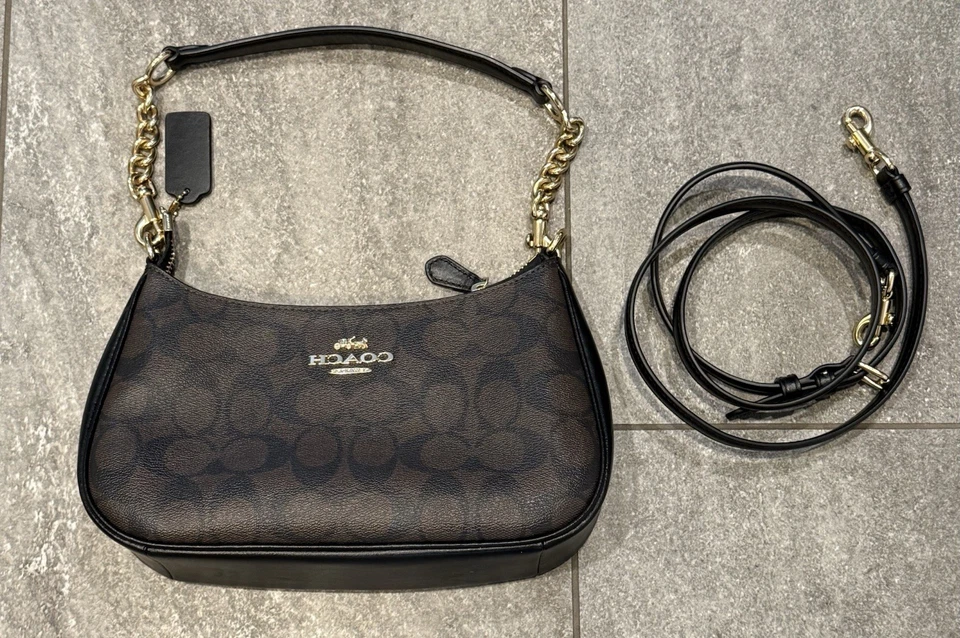 Beautiful Coach Teri Shoulder Crossbody Bag In Signature Canvas Brown/Black - Image 2 of 4