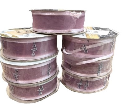 Offray 7/8  X 9  Sheer Wired Edge Ribbon Arabesque Pink NEW 7 Rolls