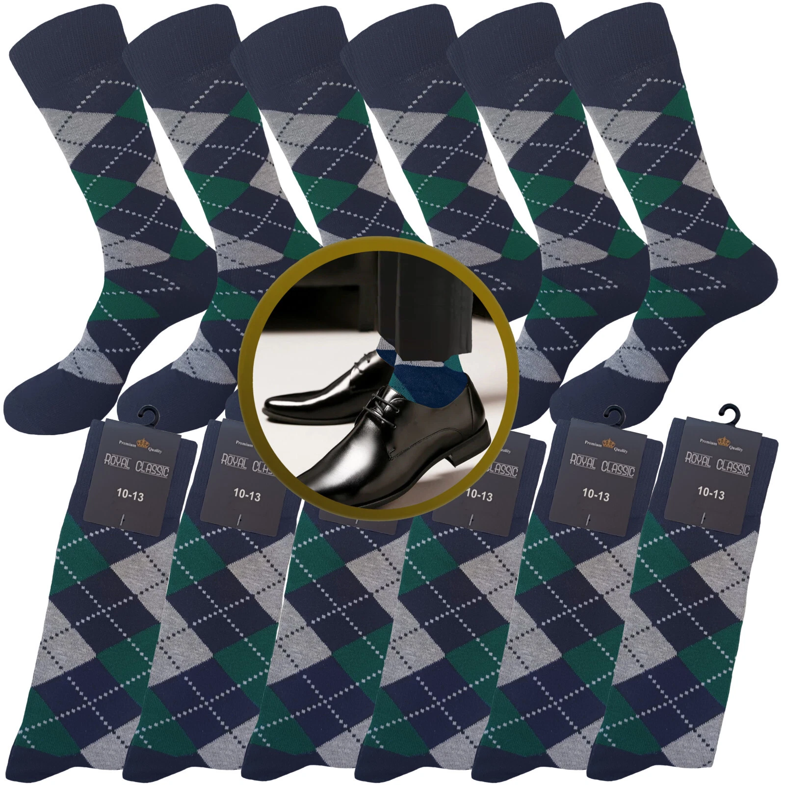 12-6 Dress Socks Argyle Diamond GREEN BLACK COTTON Wedding PREMIUM SOCKS