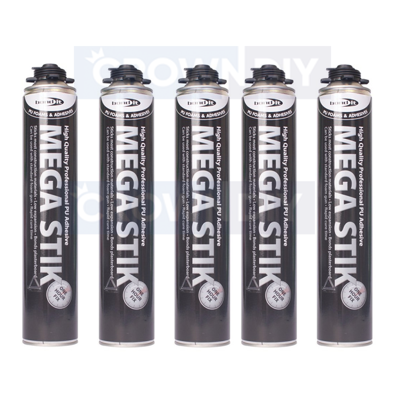 5 x 750ml Mega Stik PU 1 Hour STRONG Foam Adhesive Plasterboard