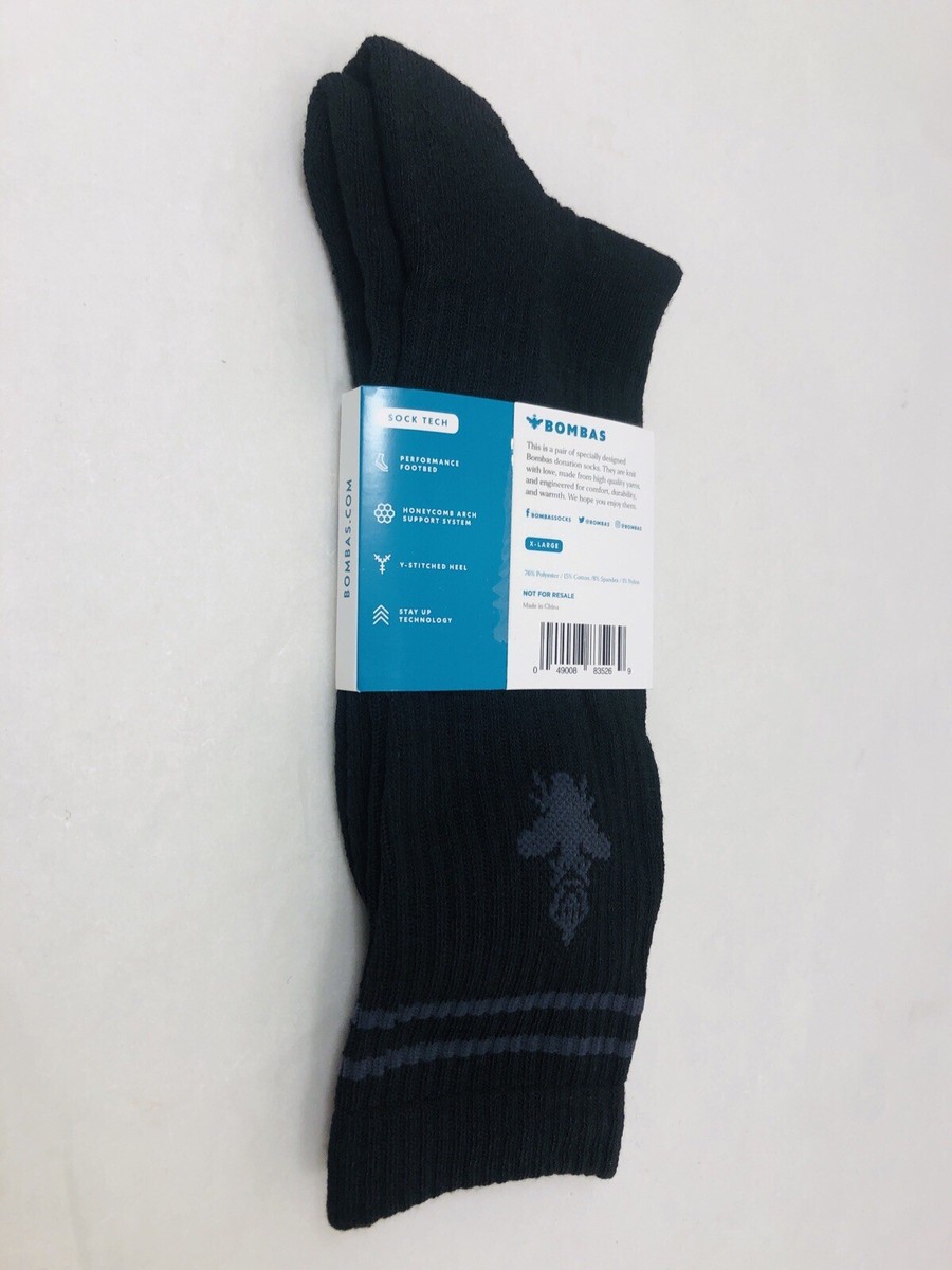 送料2 Bombas Adult XL Black Crew Calf Socks Pair w/ Honeycomb Arch