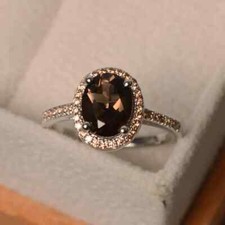 Gorgeous Halo Smoky Ring 925 Sterling Silver Engagement Ring