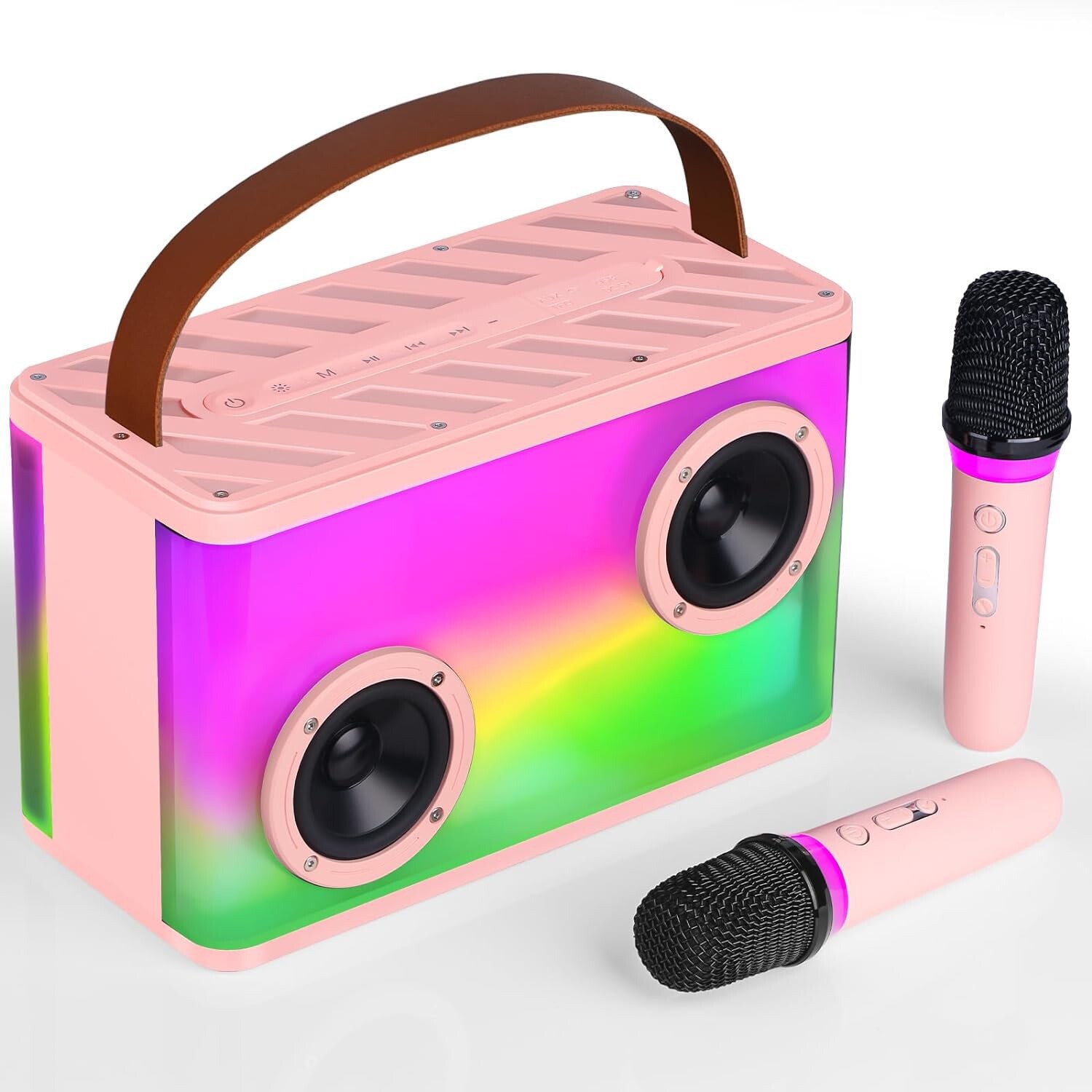 Karaoke Professionale Rosa con 2 Microfoni: Cassa Bluetooth Portatile