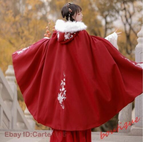 Chinesischer antiker Hanfu-Mantel Mantel Blumenmuster bestickt Pelzbesatz Winterumhangmantel - Bild 7 von 17