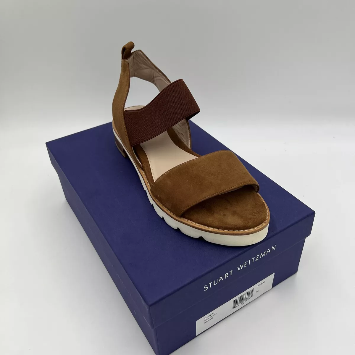Stuart Weitzman Brown The Topical Elastic Saddle Suede Sandal Women 8.0