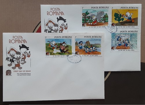 RUMÄNIEN 1985 Zwei Cacheted FDC's Walt Disney Brüder Grimm Donald Duck 3366