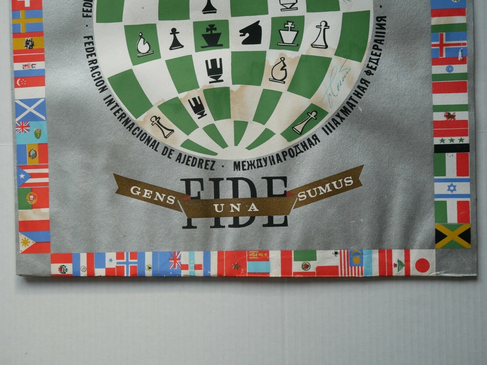 Unique 1974 Chess FIDE Poster signed by Boris Spassky and Robert Byrne in  PR.