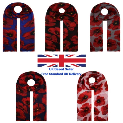 LADIES Großer roter Mohnmuster Blumen Damen Mode Schal Halstuch Sarong warm weich lang neu