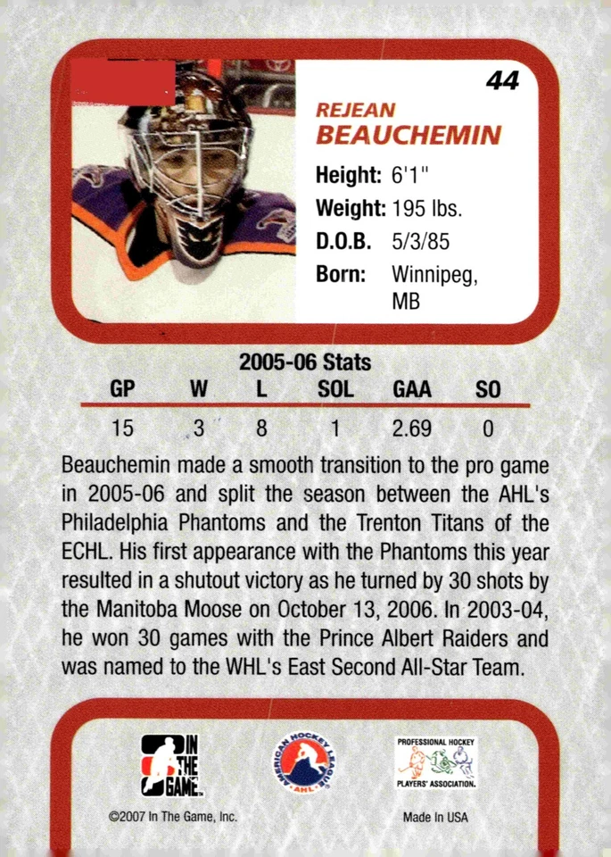 Rejean Beauchemin - Signed 2006-07 In The Game Between The Pipes Card #44 - Image 2 of 2