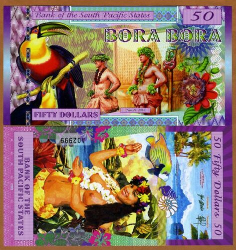 États du Pacifique Sud, 50 $ Bora Bora 2016, polymère, UNC Toucan, nu polynésien - Photo 1 sur 1