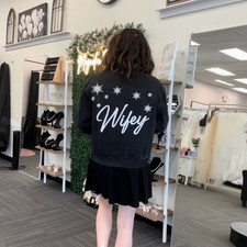 Silver Star Rhinestone Black Denim Cursive Wifey Plus Size Bridal Jacket