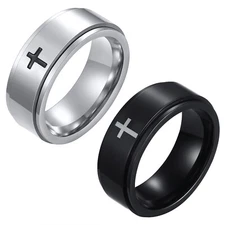 2pcs Men's Cross Anti Anxiety Rotating Spinner Fidget Ring Band Stainless Steel