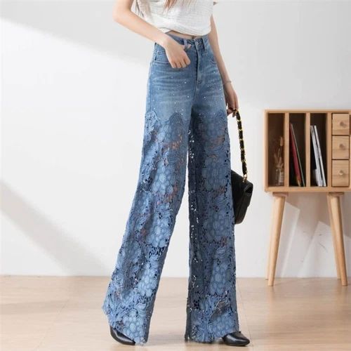 Mujer Cintura Alta Hueco Encaje Patchwork Suelto Pierna Ancha Jeans- - Imagen 7 de 15