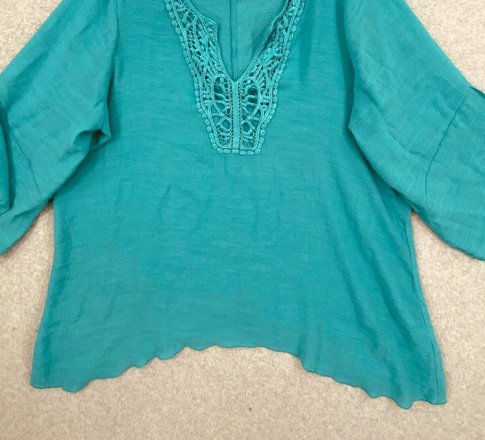 Blusa Spense Top para mujer 2X Lt verde azulado ribete de encaje manga dividida 3/4 dobladillo asimétrico Foto 3 de 4