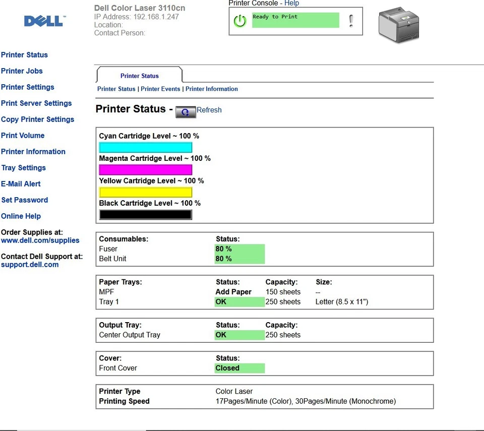 Dell 3110cn Color LaserJet Workgroup Printer Ethernet USB PF019 Page Count=20K - Image 4 of 4