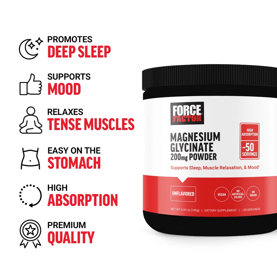 Glicinato de magnésio em pó FORCE FACTOR 200mg, sem sabor, 50 porções - Imagem 2 de 4