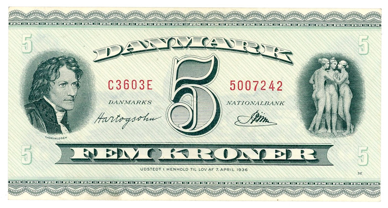 Denmark 🇩🇰 ... P-42 ... 5 Kroner ... 1960 ... *XF+*😇 Prefix C 3