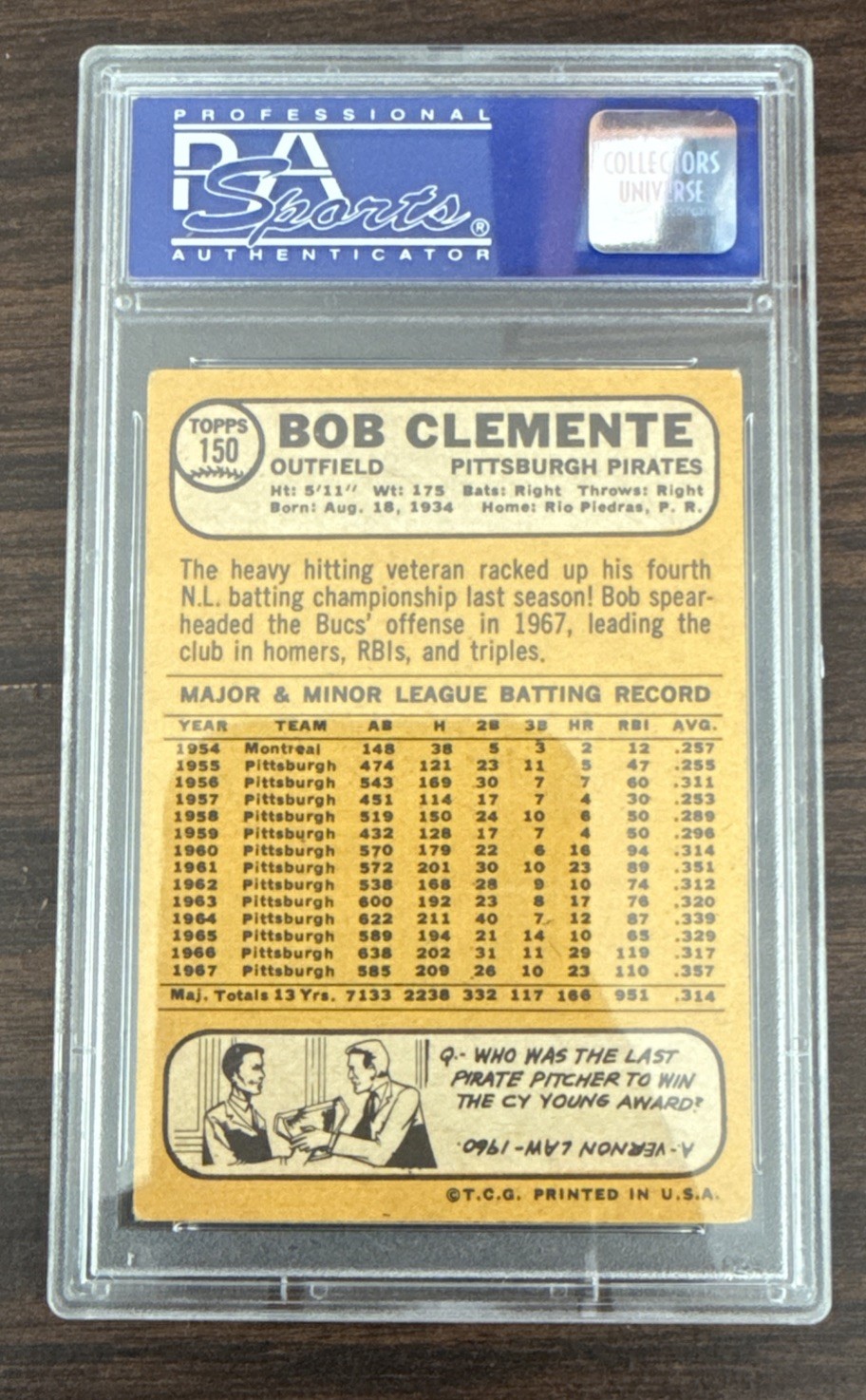 1968 Topps Roberto Bob Clemente #150 PSA 4 HOF view 2